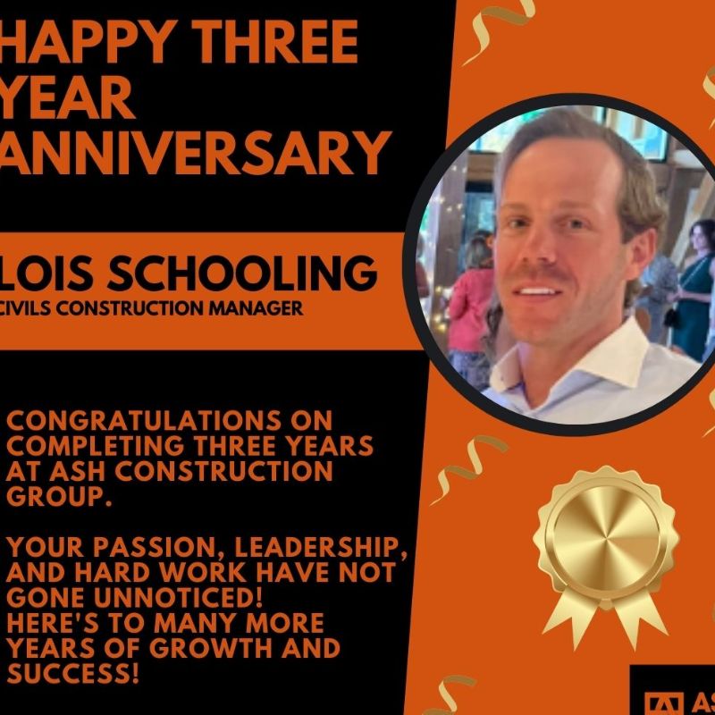 Civils Construction Manager - 3 year anniversary - ASH Construction Group Ltd news