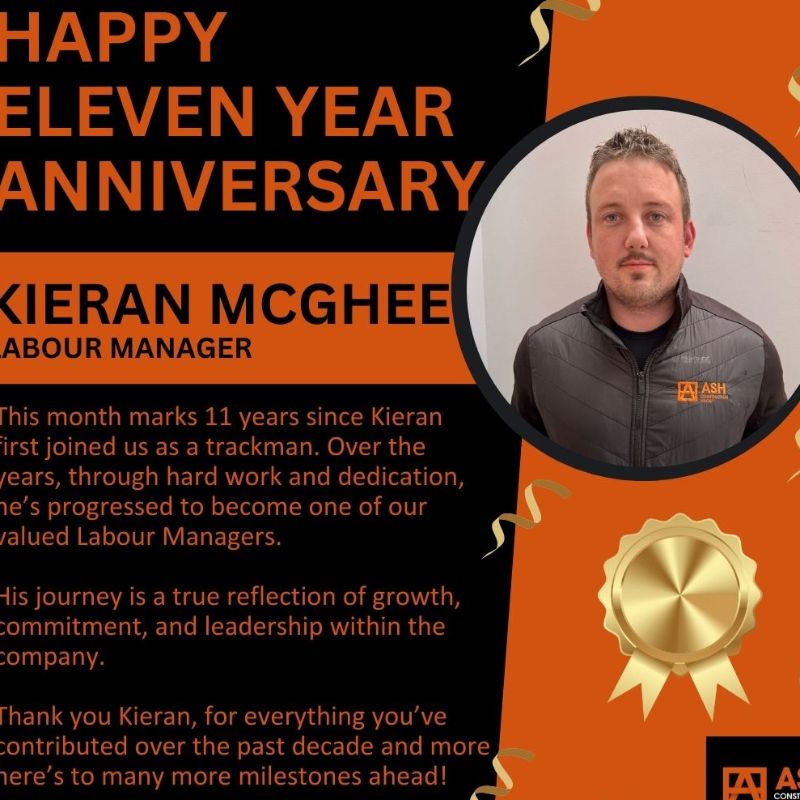 Kieran Mcghee | Work Anniversary - ASH Construction Group Ltd news